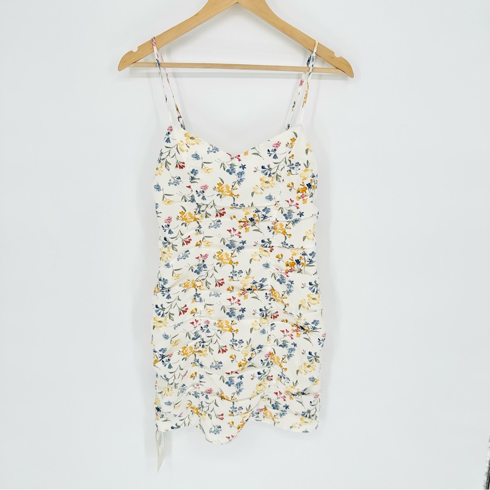 NWT Abercrombie & Fitch Ruched Mini Dress in Off White Floral, Size XS